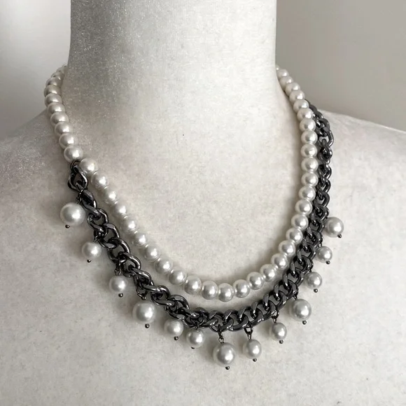 Edgy Pearl and Gunmetal Chain Fringe Sophisticated Bohemian Necklace